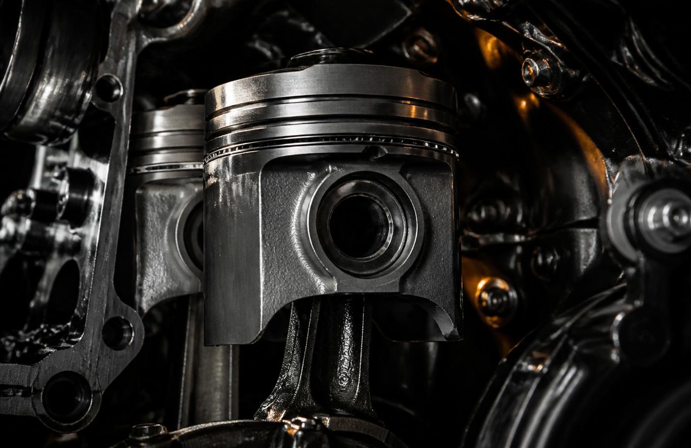 Detalhe macro de pistão e componentes de motor diesel de caminhão pesado